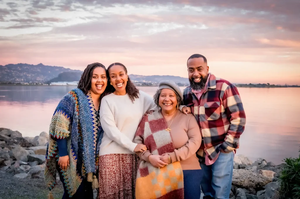 outdoor family portrait by San Francisco Bay at Sunset by photographer Shelly Rivoli