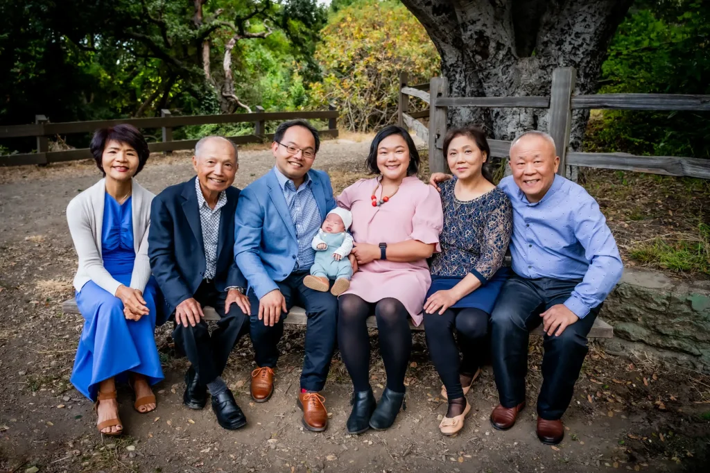 family portrait with 3 generations including newborn and grandparents by Bay Are Photographer Shelly Rivoli