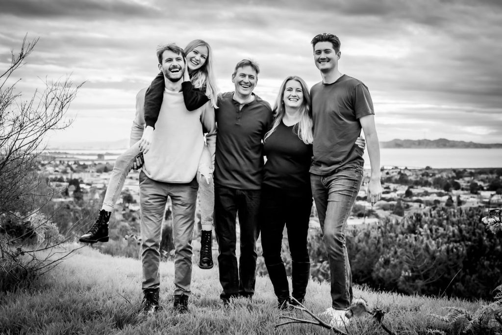 BW outdoor family portrait with adult children by bay area photographer Shelly Rivoli