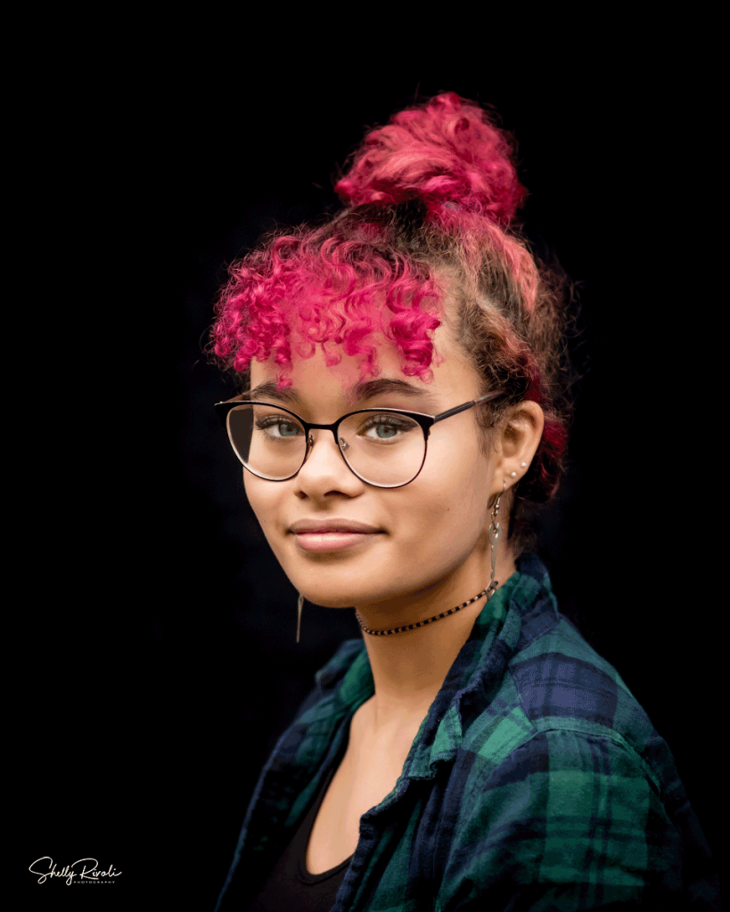 Children's portrait of a high school student with pink hair by Bay Area photographer Shelly Rivoli