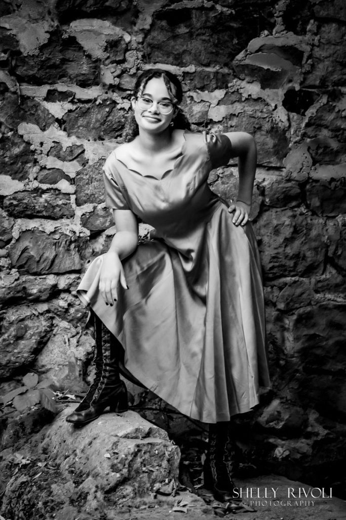 BW Bay Area senior portrait of teen in vintage dress and boots by photographer Shelly Rivoli